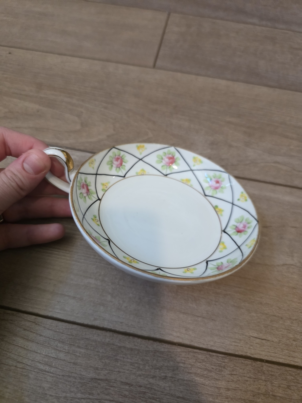 Antique Nippon Teacup Saucer Hand Painted Pink Roses Floral Gold Trim M Wreath